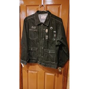 Indigo Red Denim Jacket Mens 3XL Dark Wash Excellent Patchwork Zip Utility Coat
